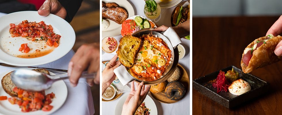 Carousel of three images of dishes typical to Miami luxury dining.