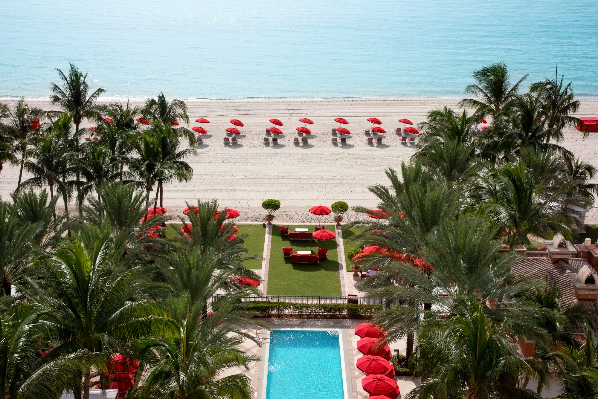 Aerial view of Acqualina's beach, lawn and Recreation pool